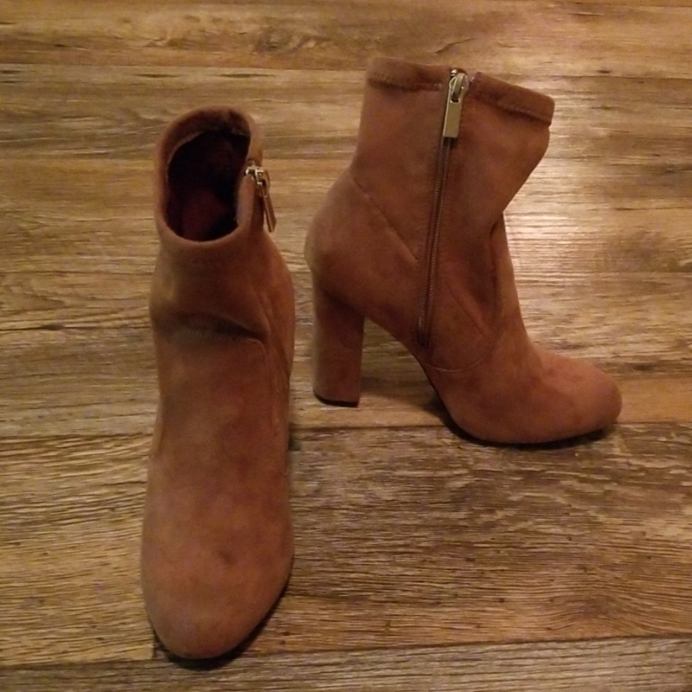 BAMBOO Tan Suede Sock Booties Heels 6